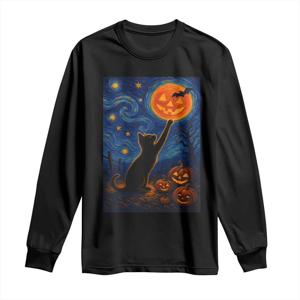 Black Cat Halloween Long Sleeve Shirt Starry Night Van Gogh TS14 Black Print Your Wear
