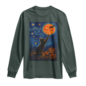 Black Cat Halloween Long Sleeve Shirt Starry Night Van Gogh TS14 Dark Forest Green Print Your Wear