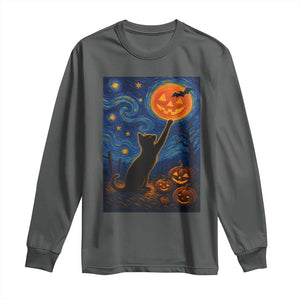 Black Cat Halloween Long Sleeve Shirt Starry Night Van Gogh TS14 Dark Heather Print Your Wear