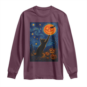 Black Cat Halloween Long Sleeve Shirt Starry Night Van Gogh TS14 Maroon Print Your Wear