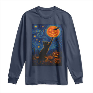 Black Cat Halloween Long Sleeve Shirt Starry Night Van Gogh TS14 Navy Print Your Wear