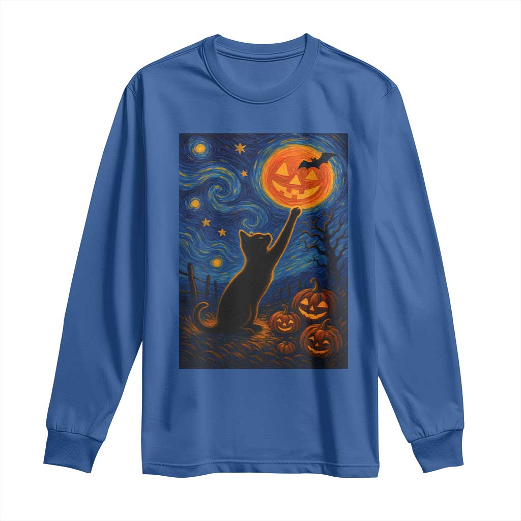 Black Cat Halloween Long Sleeve Shirt Starry Night Van Gogh TS14 Royal Blue Print Your Wear