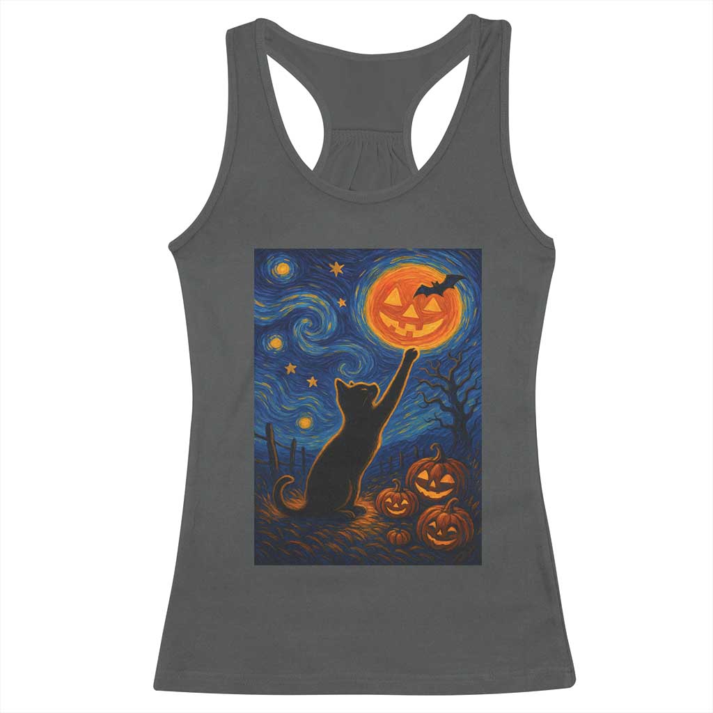 Black Cat Halloween Racerback Tank Top Starry Night Van Gogh TS14 Dark Heather Print Your Wear