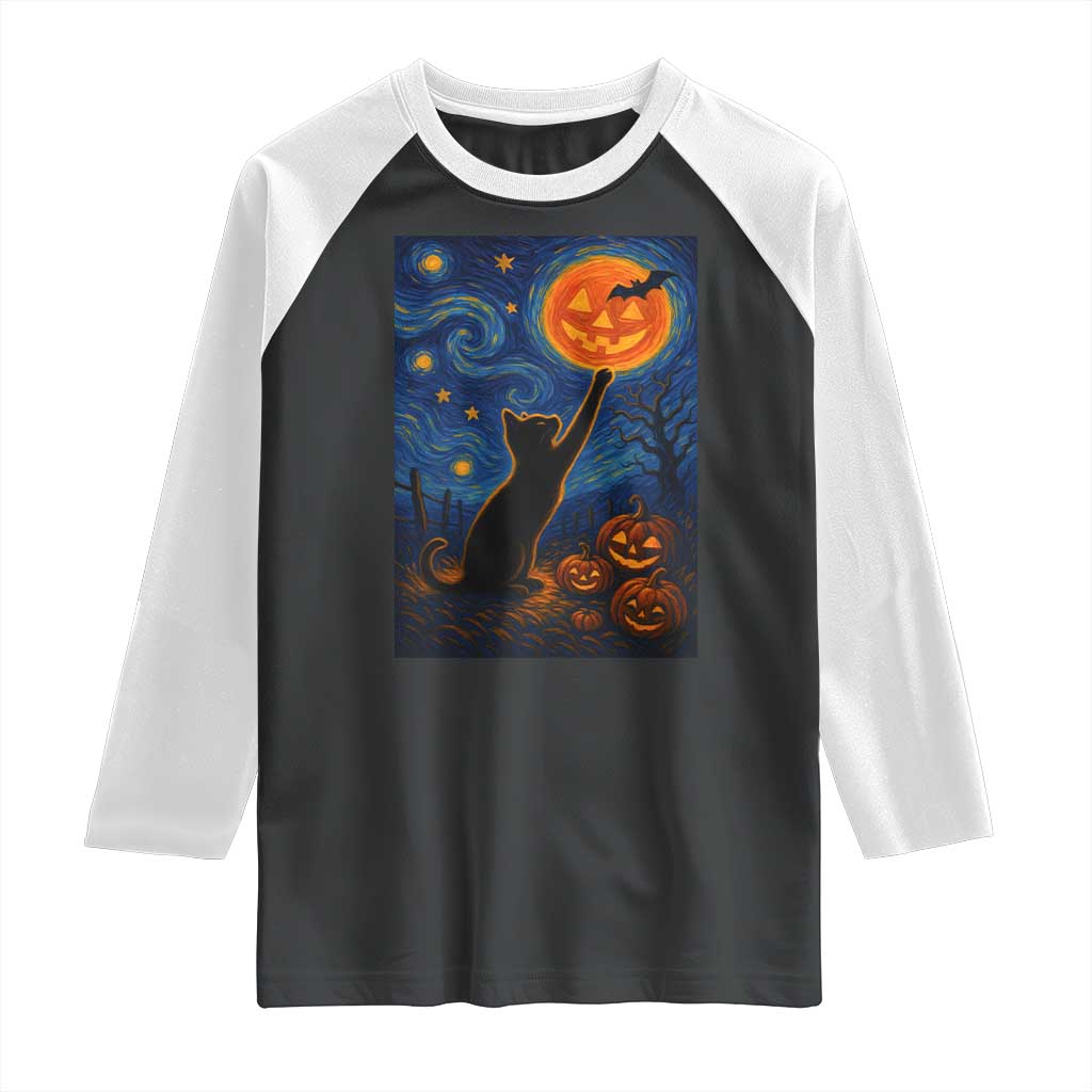 Black Cat Halloween Raglan Shirt Starry Night Van Gogh TS14 Black White Print Your Wear