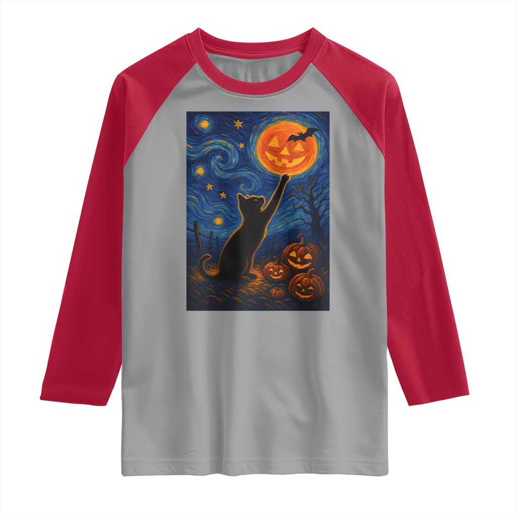 Black Cat Halloween Raglan Shirt Starry Night Van Gogh TS14 Sport Gray Red Print Your Wear