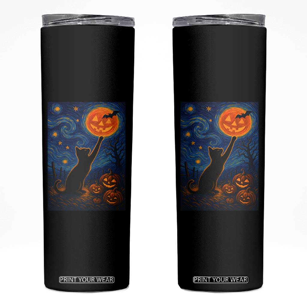 Black Cat Halloween Skinny Tumbler Starry Night Van Gogh TS14 Black Print Your Wear