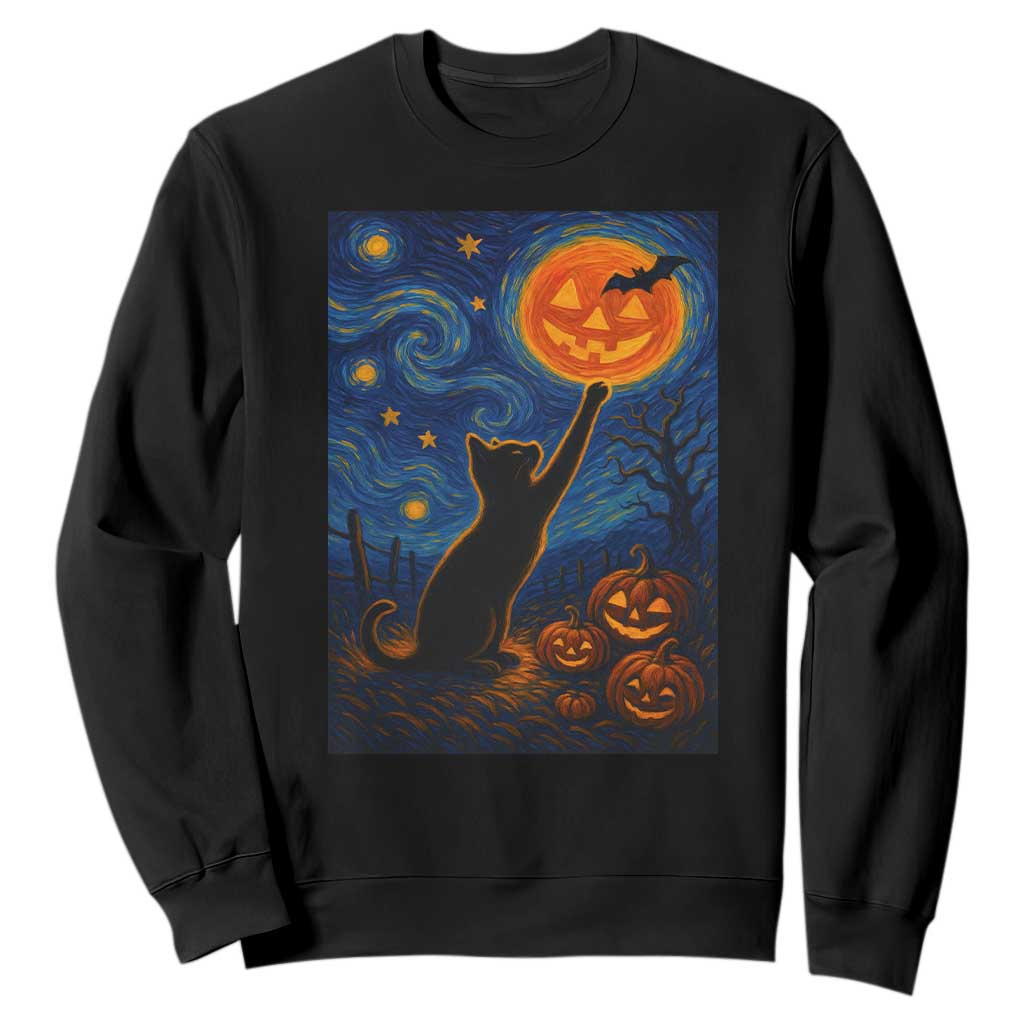 Black Cat Halloween Sweatshirt Starry Night Van Gogh TS14 Black Print Your Wear