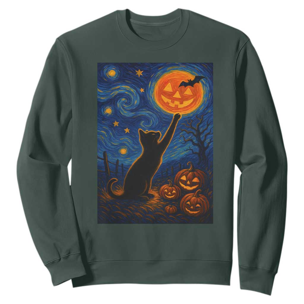 Black Cat Halloween Sweatshirt Starry Night Van Gogh TS14 Dark Forest Green Print Your Wear