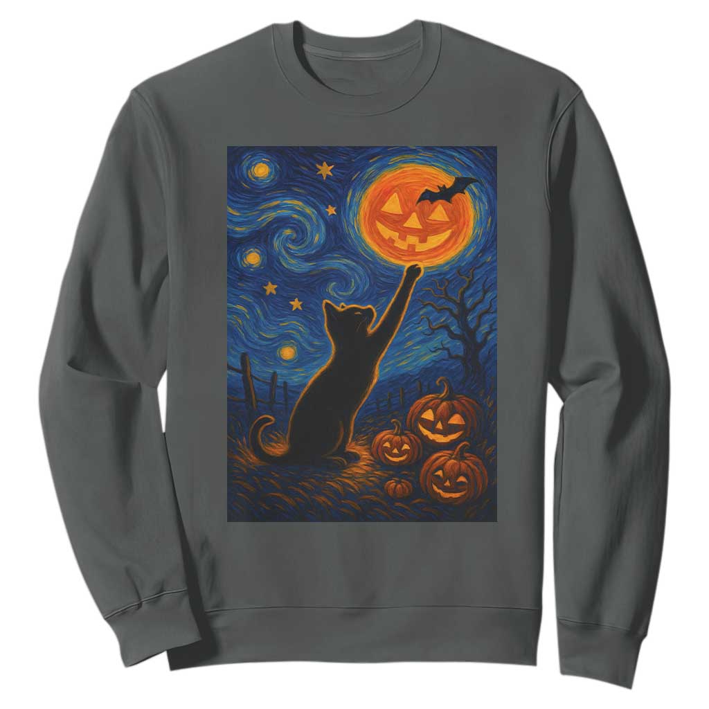 Black Cat Halloween Sweatshirt Starry Night Van Gogh TS14 Dark Heather Print Your Wear