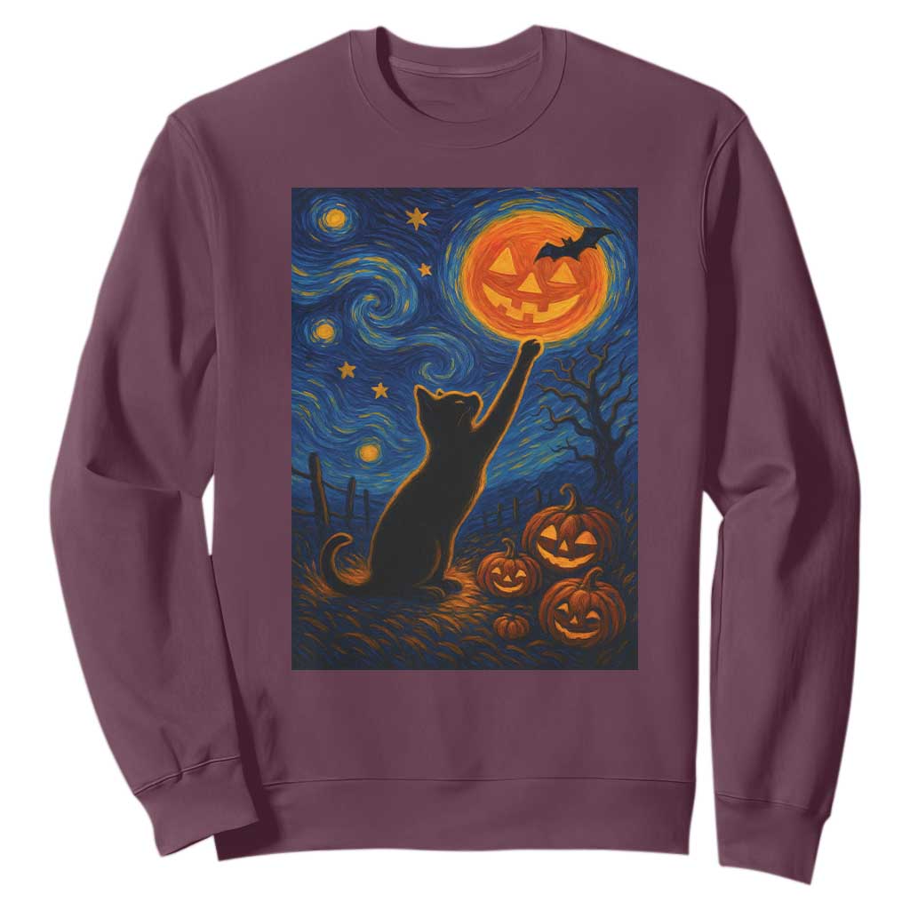 Black Cat Halloween Sweatshirt Starry Night Van Gogh TS14 Maroon Print Your Wear