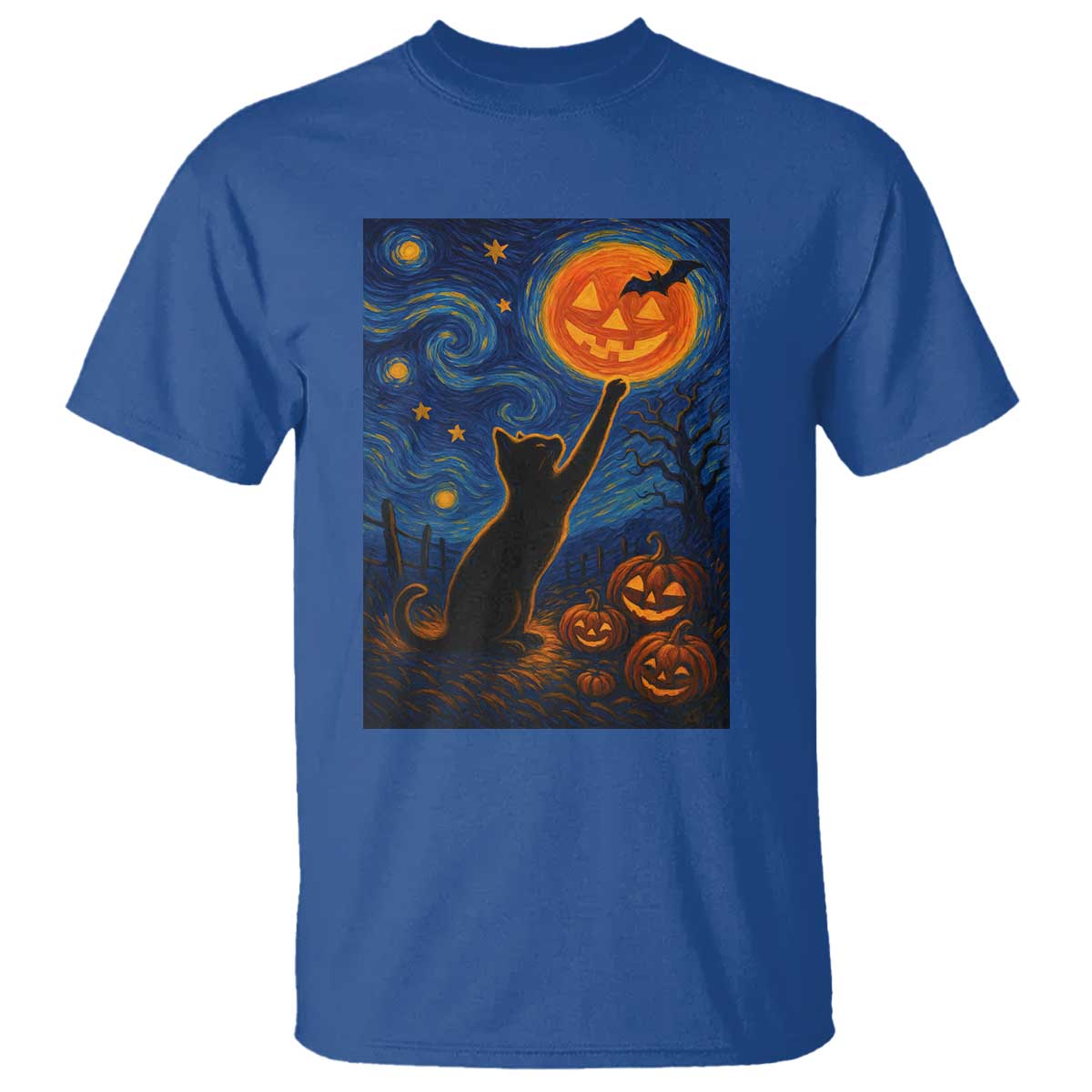 Black Cat Halloween T Shirt Starry Night Van Gogh TS14 Royal Blue Print Your Wear