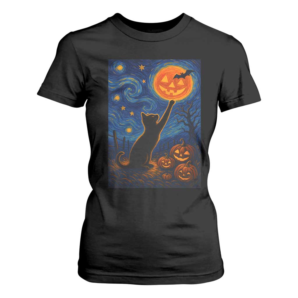 Black Cat Halloween T Shirt For Women Starry Night Van Gogh TS14 Black Print Your Wear