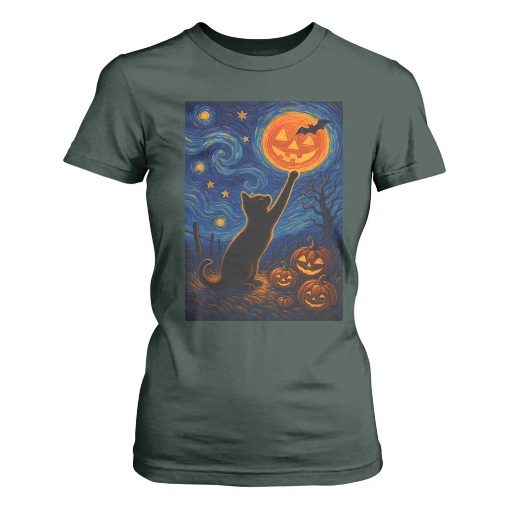 Black Cat Halloween T Shirt For Women Starry Night Van Gogh TS14 Dark Forest Green Print Your Wear