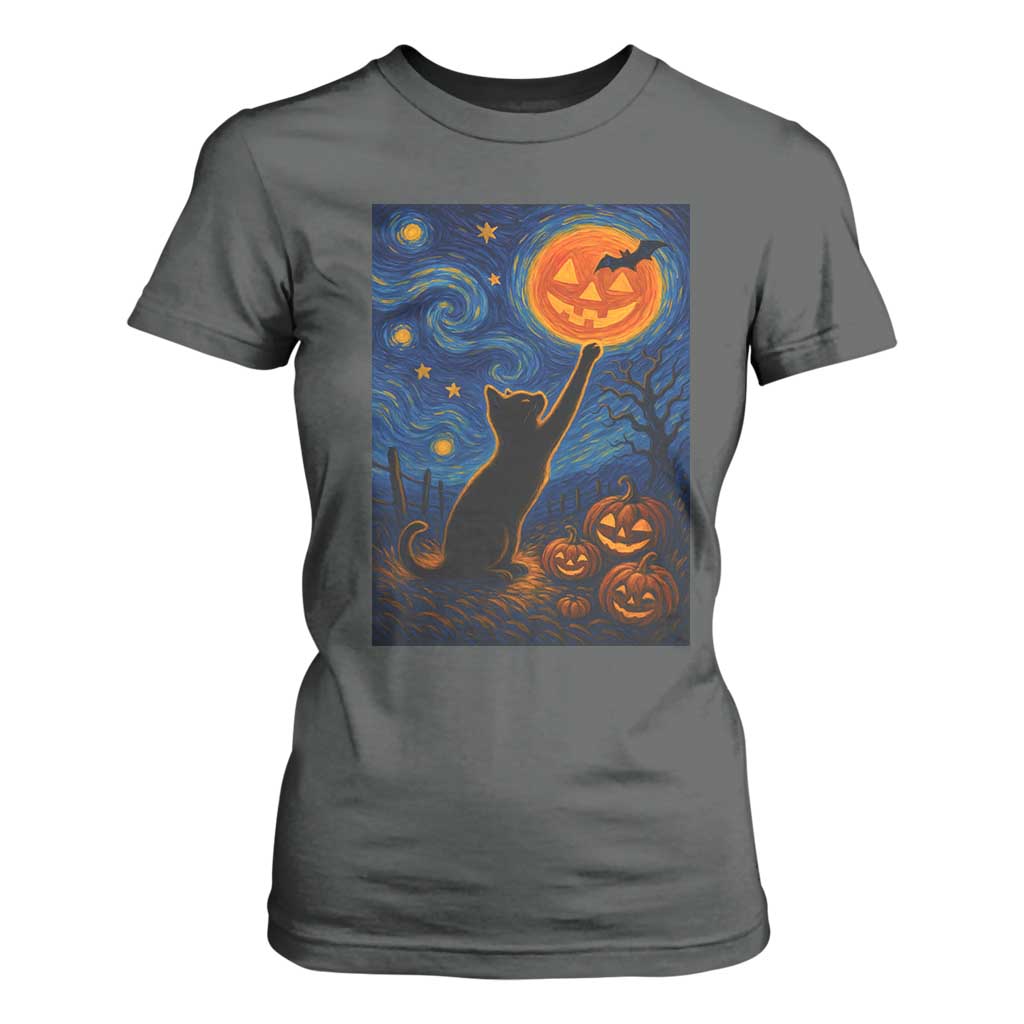 Black Cat Halloween T Shirt For Women Starry Night Van Gogh TS14 Dark Heather Print Your Wear