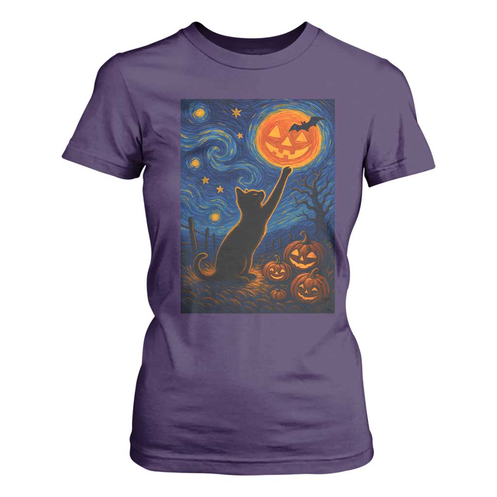 Black Cat Halloween T Shirt For Women Starry Night Van Gogh TS14 Purple Print Your Wear
