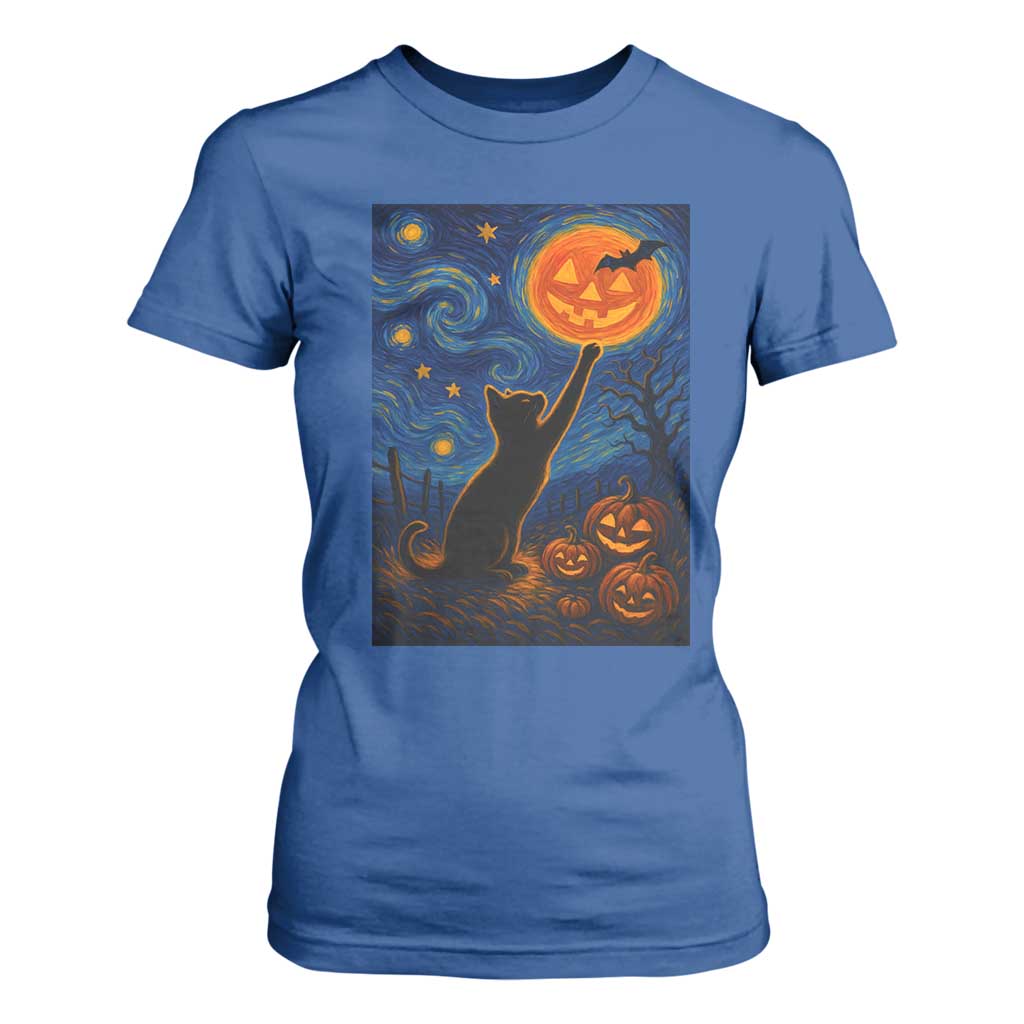 Black Cat Halloween T Shirt For Women Starry Night Van Gogh TS14 Royal Blue Print Your Wear