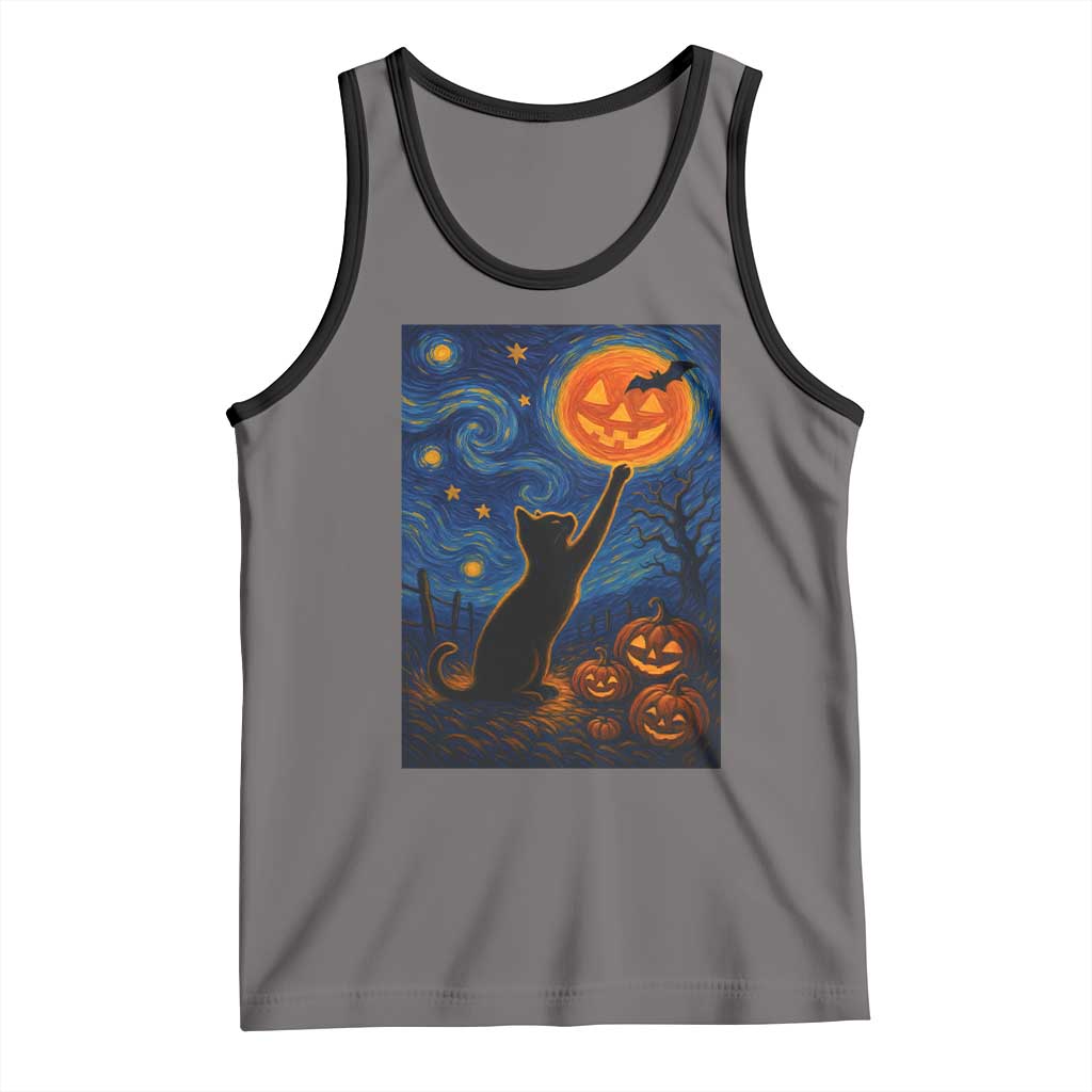 Black Cat Halloween Tank Top Starry Night Van Gogh TS14 Deep Heather Black Print Your Wear