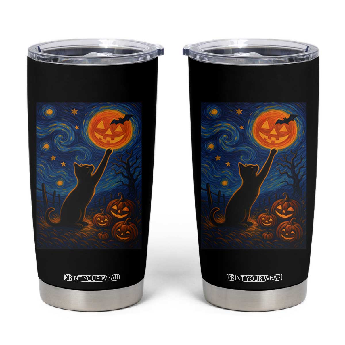 Black Cat Halloween Tumbler Cup Starry Night Van Gogh TS14 Black Print Your Wear