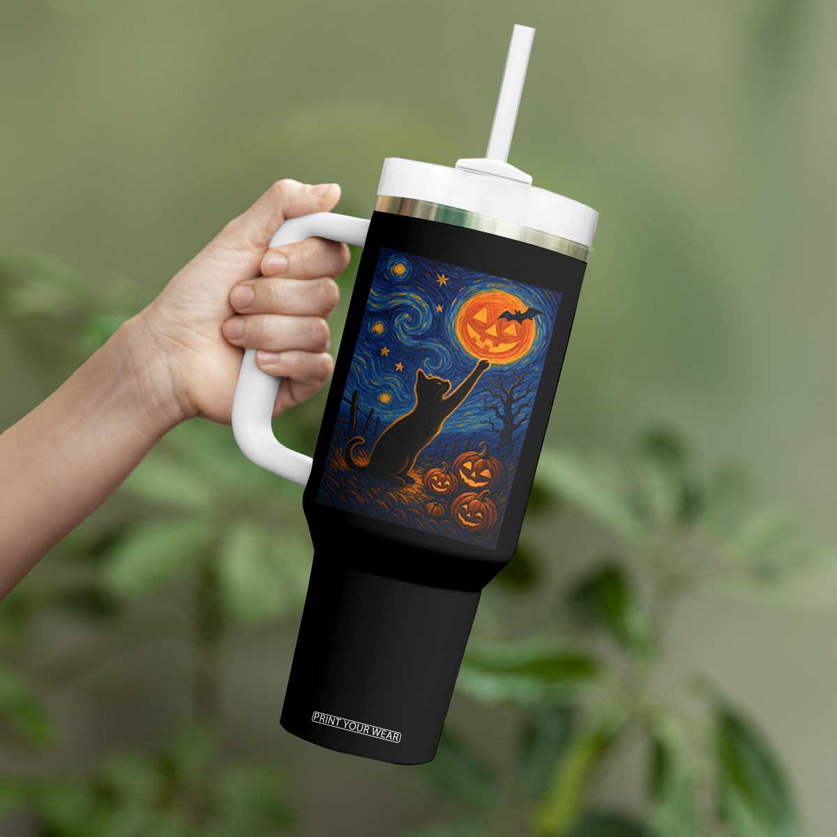 Black Cat Halloween Tumbler With Handle Starry Night Van Gogh TS14 Print Your Wear