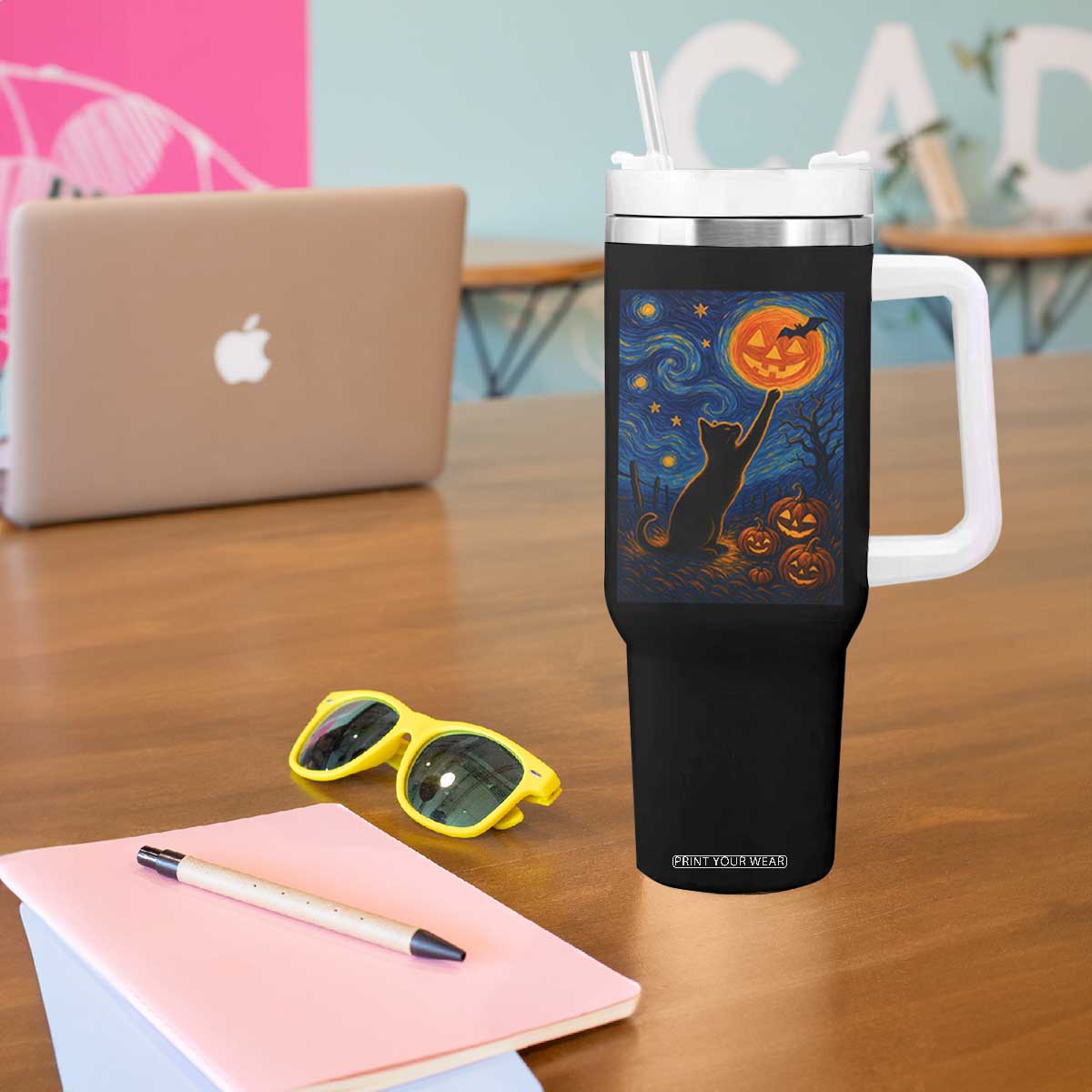 Black Cat Halloween Tumbler With Handle Starry Night Van Gogh TS14 Print Your Wear