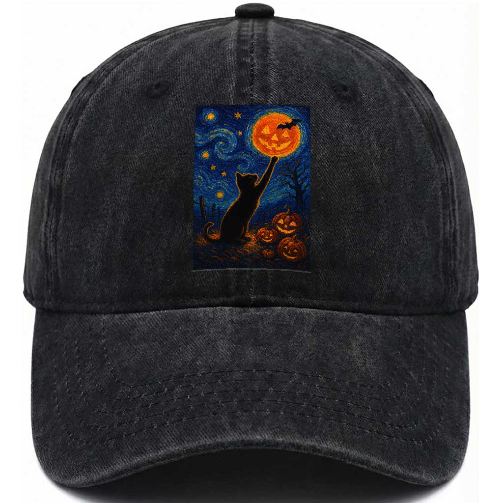 Black Cat Halloween Washed Cotton Baseball Cap Starry Night Van Gogh TS14 Washed Cap Universal Fit Black Print Your Wear