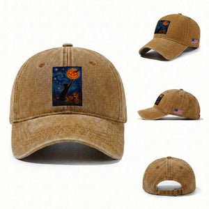 Black Cat Halloween Washed Cotton Baseball Cap Starry Night Van Gogh TS14 Washed Cap Universal Fit Yellow Ochre Print Your Wear