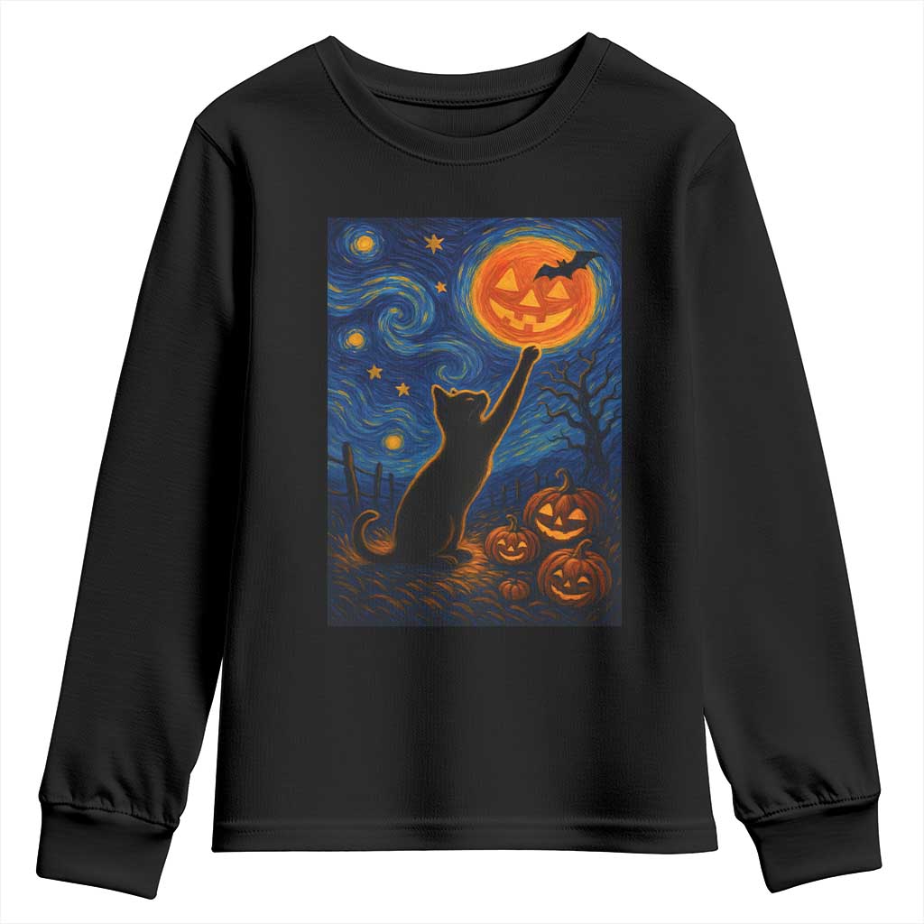 Black Cat Halloween Youth Sweatshirt Starry Night Van Gogh TS14 Black Print Your Wear