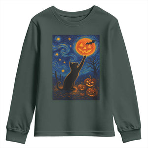 Black Cat Halloween Youth Sweatshirt Starry Night Van Gogh TS14 Dark Forest Green Print Your Wear
