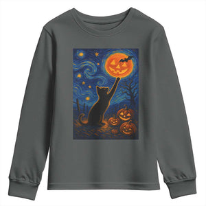 Black Cat Halloween Youth Sweatshirt Starry Night Van Gogh TS14 Dark Heather Print Your Wear