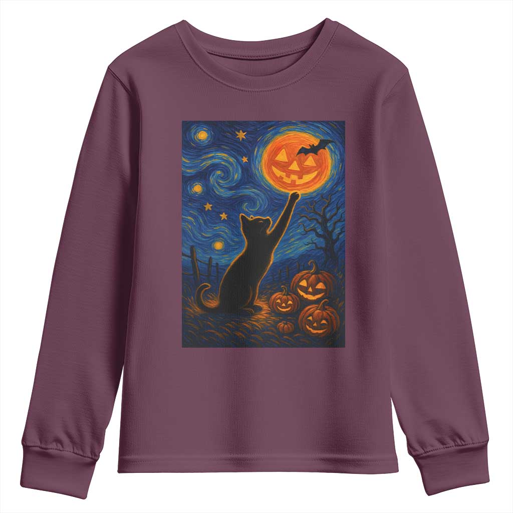 Black Cat Halloween Youth Sweatshirt Starry Night Van Gogh TS14 Maroon Print Your Wear