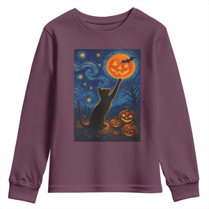 Black Cat Halloween Youth Sweatshirt Starry Night Van Gogh TS14 Maroon Print Your Wear