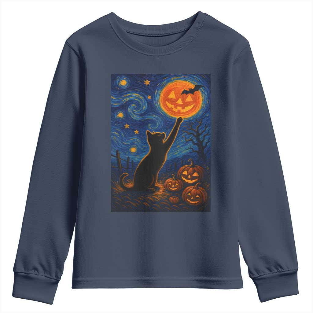 Black Cat Halloween Youth Sweatshirt Starry Night Van Gogh TS14 Navy Print Your Wear