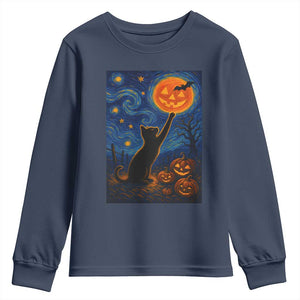 Black Cat Halloween Youth Sweatshirt Starry Night Van Gogh TS14 Navy Print Your Wear