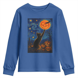 Black Cat Halloween Youth Sweatshirt Starry Night Van Gogh TS14 Royal Blue Print Your Wear