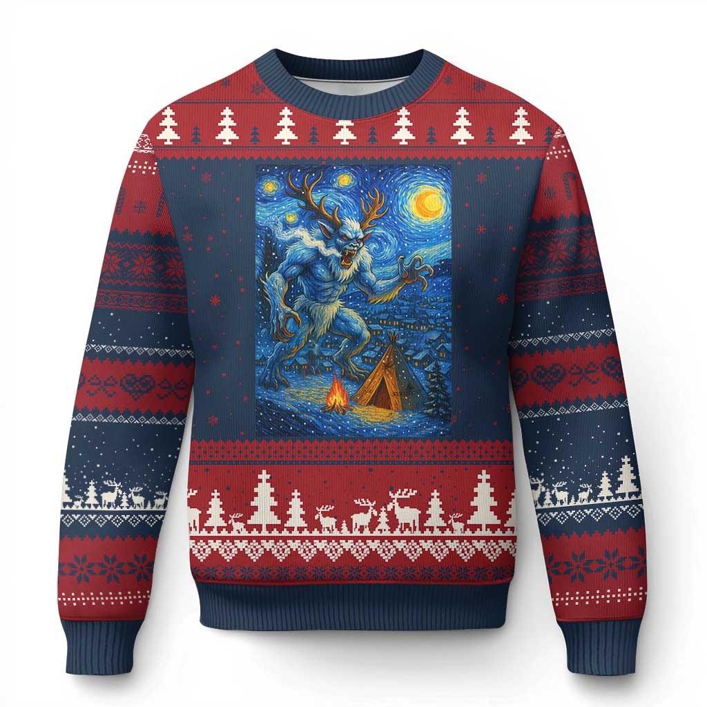Wedigo Cryptid Xmas Ugly Christmas Sweater Native American Starry Night Xmas TS14 Navy Red Print Your Wear
