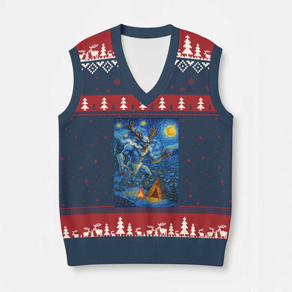 Wedigo Cryptid Xmas V-Neck Knit Sweater Vest Native American Starry Night Xmas - Print Your Wear