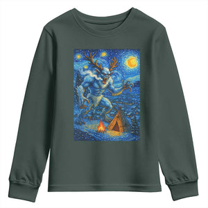 Wedigo Cryptid Christmas Youth Sweatshirt Native American Starry Night Xmas TS14 Dark Forest Green Print Your Wear
