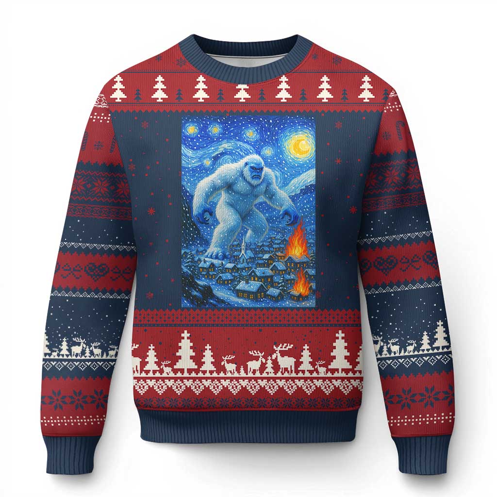 Yeti Cryptid Xmas Ugly Christmas Sweater Winter Monster Starry Night Xmas TS14 Navy Red Print Your Wear