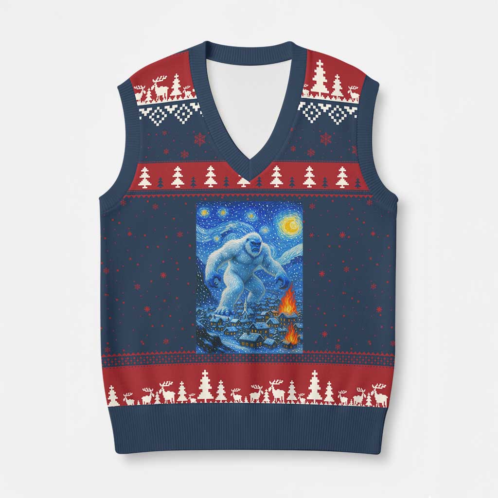 Yeti Cryptid Xmas V-Neck Knit Sweater Vest Winter Monster Starry Night Xmas TS14 Navy Red Print Your Wear
