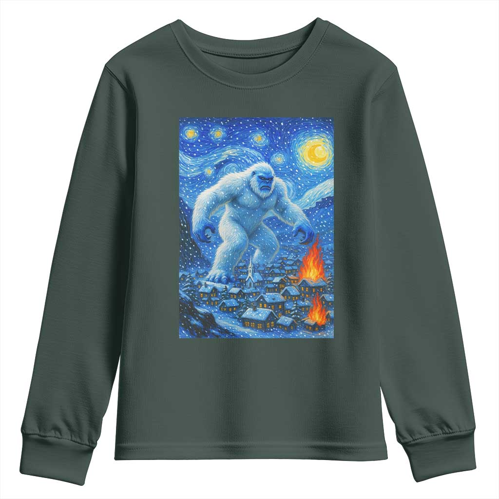 Yeti Cryptid Christmas Youth Sweatshirt Winter Monster Starry Night Xmas TS14 Dark Forest Green Print Your Wear