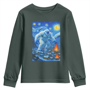 Yeti Cryptid Christmas Youth Sweatshirt Winter Monster Starry Night Xmas TS14 Dark Forest Green Print Your Wear