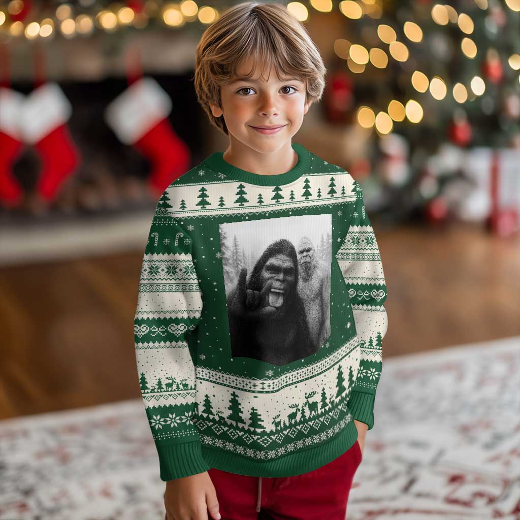 Bigfoot Selfie Xmas Ugly Christmas Sweater Sasquatch Yeti Rock On Hand TS14 Forest Green Beige Print Your Wear