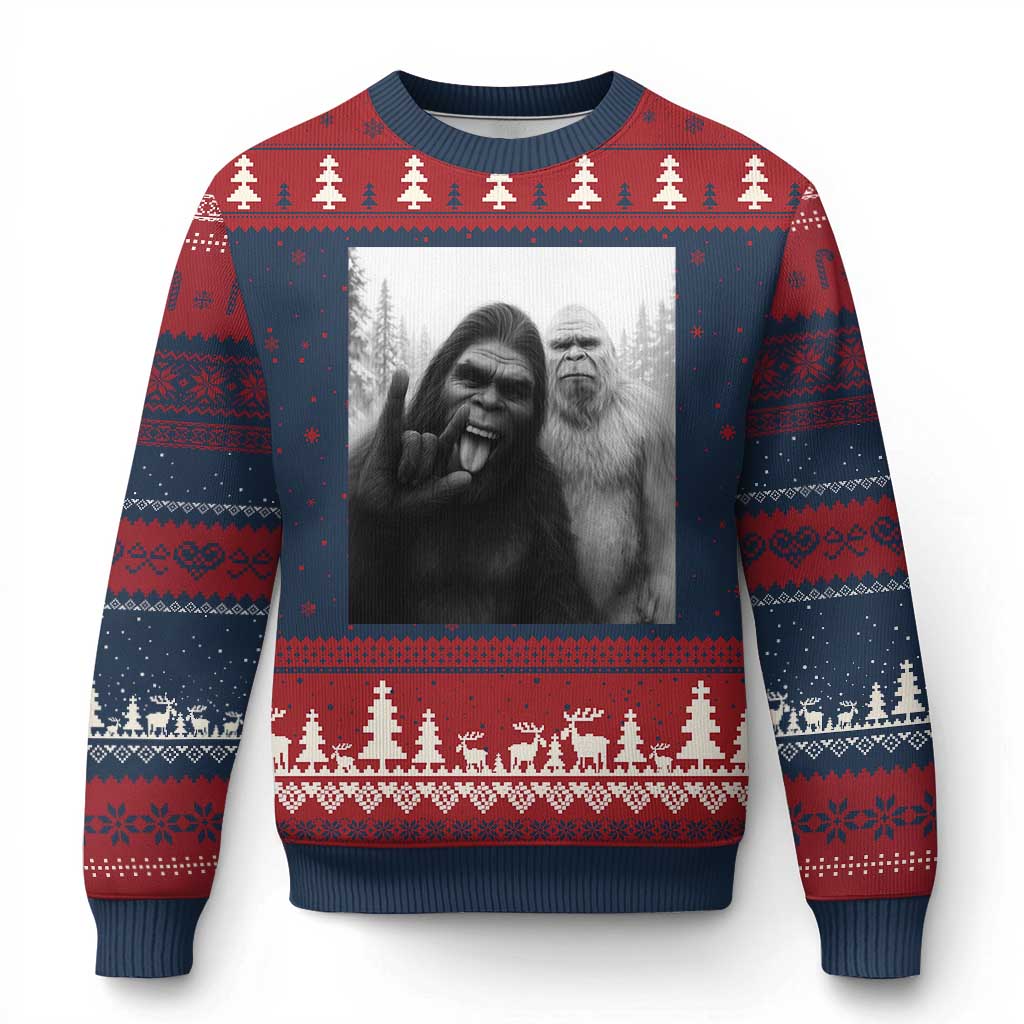 Bigfoot Selfie Xmas Ugly Christmas Sweater Sasquatch Yeti Rock On Hand - Print Your Wear