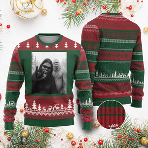 Bigfoot Selfie Xmas Ugly Christmas Sweater Sasquatch Yeti Rock On Hand - Print Your Wear