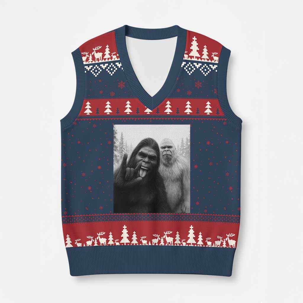 Bigfoot Selfie Xmas V-Neck Knit Sweater Vest Sasquatch Yeti Rock On Hand TS14 Navy Red Print Your Wear