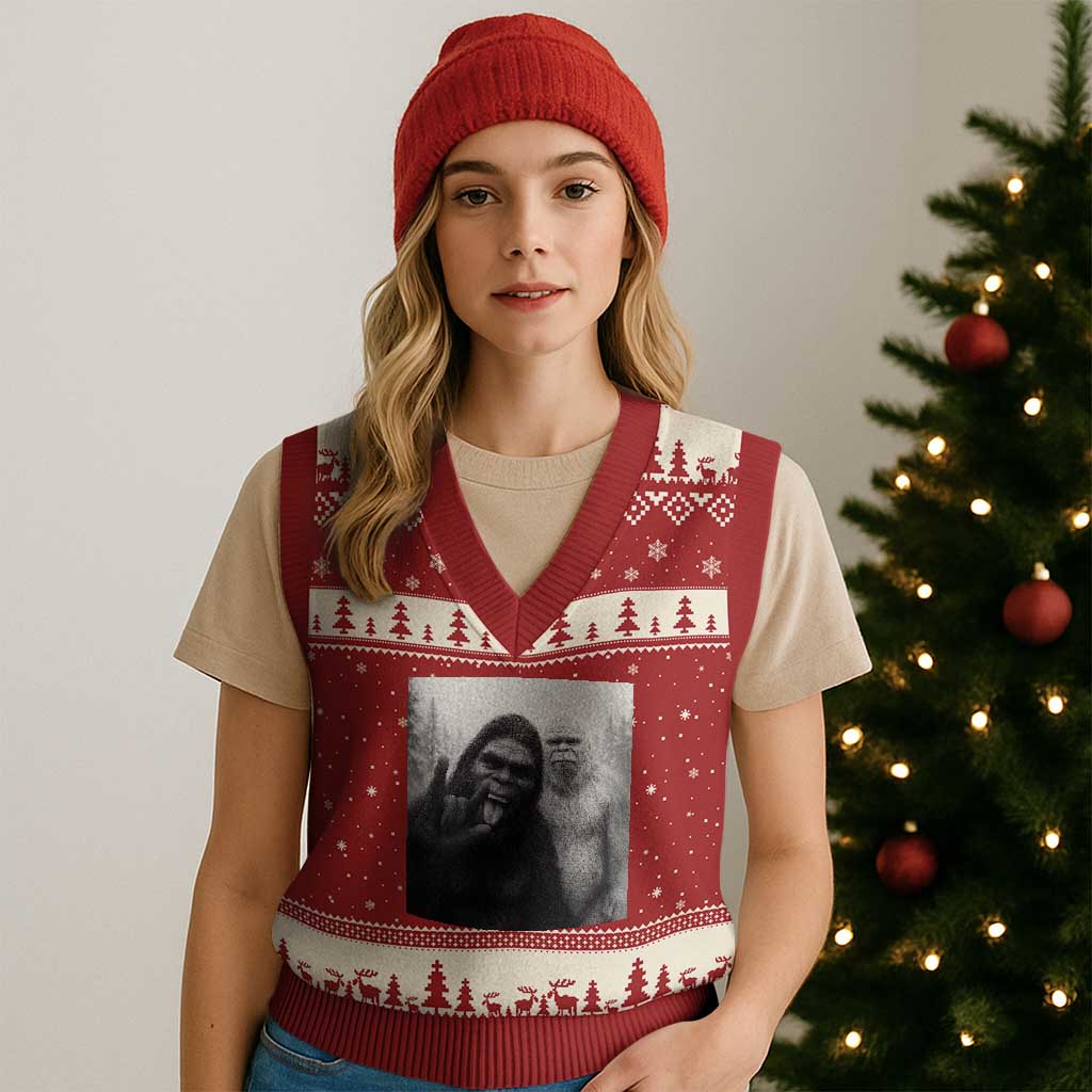 Bigfoot Selfie Xmas V-Neck Knit Sweater Vest Sasquatch Yeti Rock On Hand TS14 Red Beige Print Your Wear