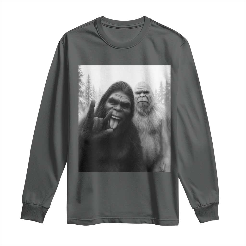 Bigfoot Selfie Christmas Long Sleeve Shirt Sasquatch Yeti Rock On Hand TS14 Dark Heather Print Your Wear