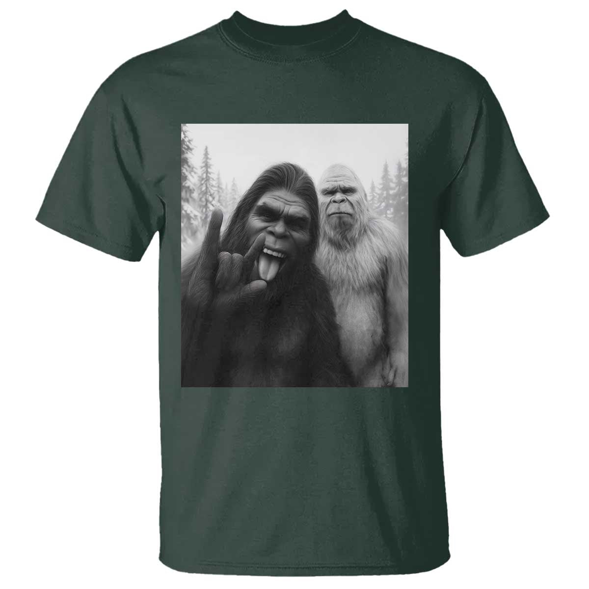 Bigfoot Selfie Christmas T Shirt Sasquatch Yeti Rock On Hand TS14 Dark Forest Green Print Your Wear