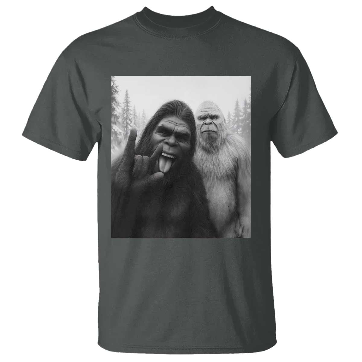 Bigfoot Selfie Christmas T Shirt Sasquatch Yeti Rock On Hand TS14 Dark Heather Print Your Wear