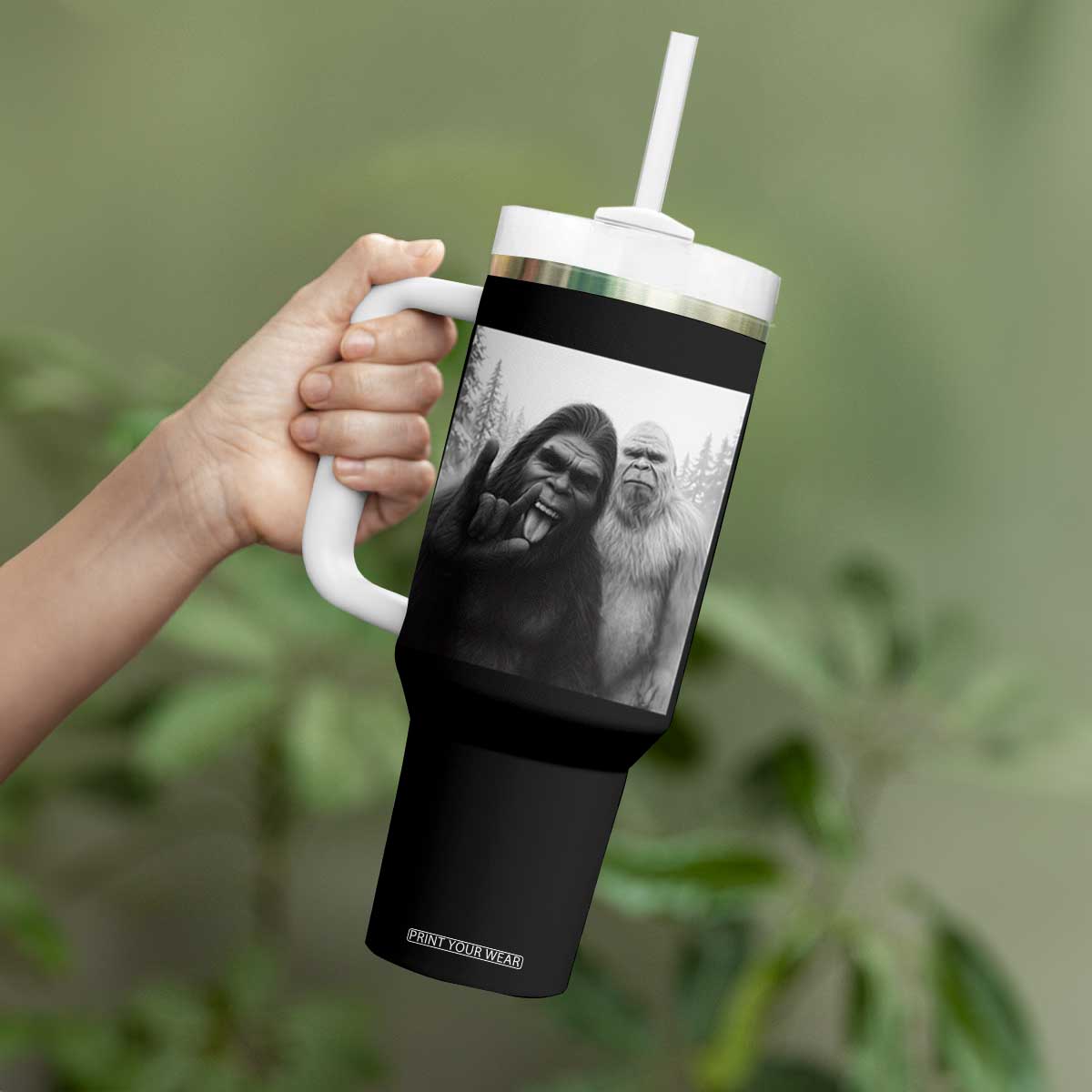 Bigfoot Selfie Christmas Tumbler With Handle Sasquatch Yeti Rock On Hand TS14 Print Your Wear